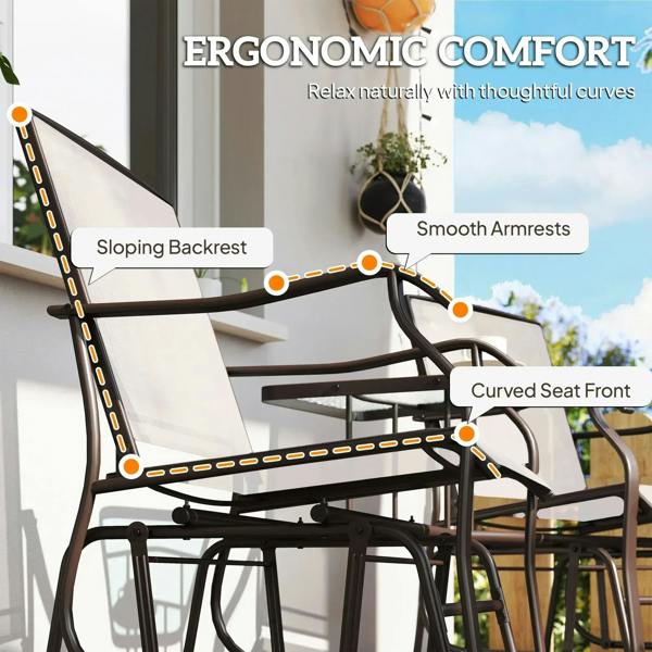 Outdoor gliding chair showing sloping backrest, curved seat front, and smooth armrests