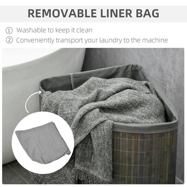 Grey bamboo laundry basket with removable washable lining bag and lid
