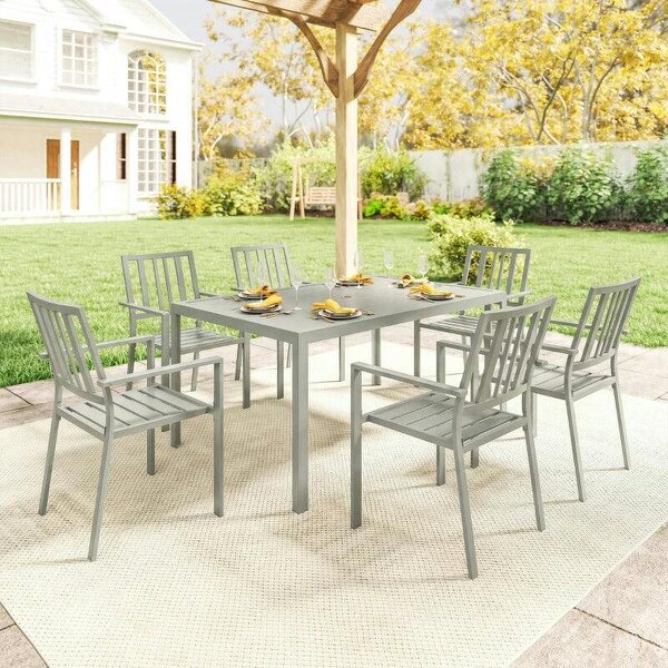 Garden Table and Chairs for 6, 7 Pieces Garden Furniture Set with Table, 6 Stackable Chairs and Umbrella Hole Light Grey