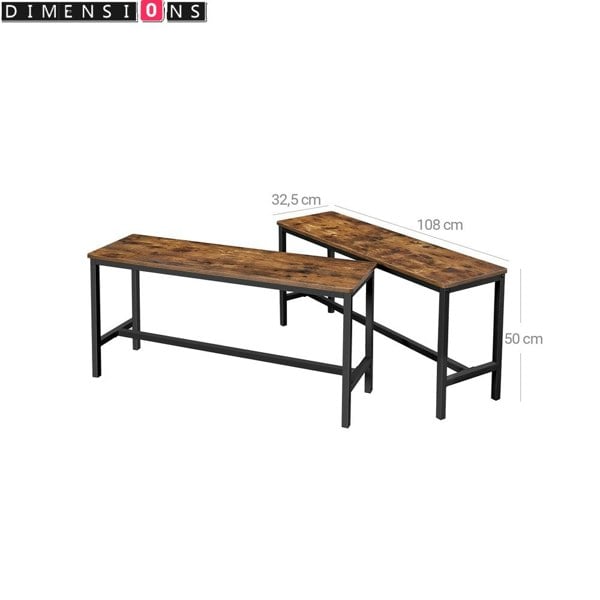 Modcraft Set of 2 Industrial Dining Benches Rustic Brown Wood and Black Steel Frame Seating 108cm