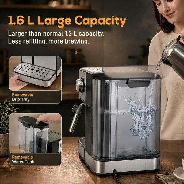 Espresso Machine, 20-Bar Cappuccino Coffee Maker with Frother Wand, 1.6L Tank, Single/Double/Manual Shot, LED Touch