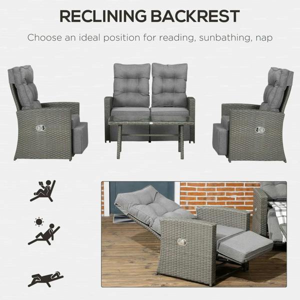 Grey outdoor rattan sofa set with recline backrests and padded cushions