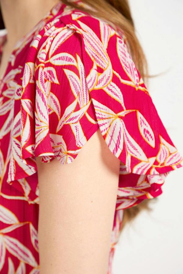 Mudflower Leaf Print Button-Up Elasticated Tie-Front Flared Midi Dress