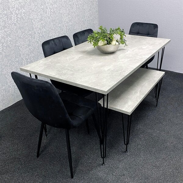 Kosy Koala Grey Dining Table with Hairpin Legs, Bench & 4 Black Velvet Chairs Set for Kitchen & Dining Room