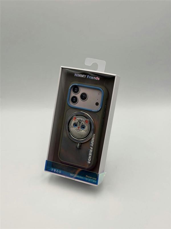 Nimmy Friends Nimmy Big Eye Cute Pet Silver Shaded Cat Face Case with Detachable MagSafe Grip for iPhone 17 Pro 6.3" Grey Blue