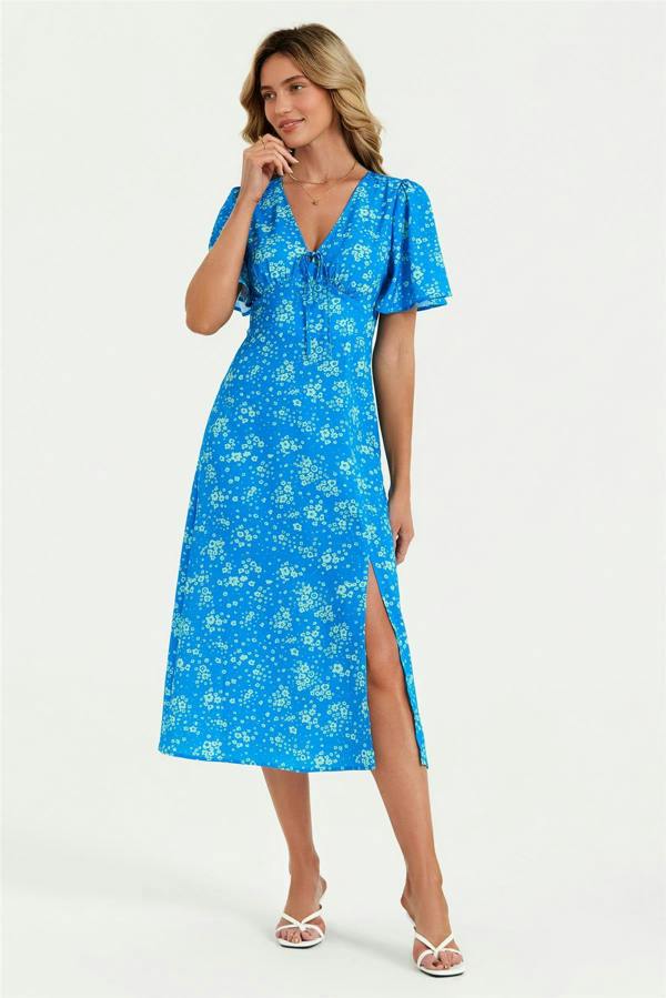 FS Collection Green Floral Print Angel Sleeve Midi Dress In Blue