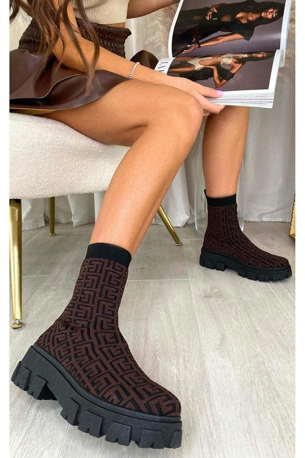 Nancy Chunky Sock Boots - Brown