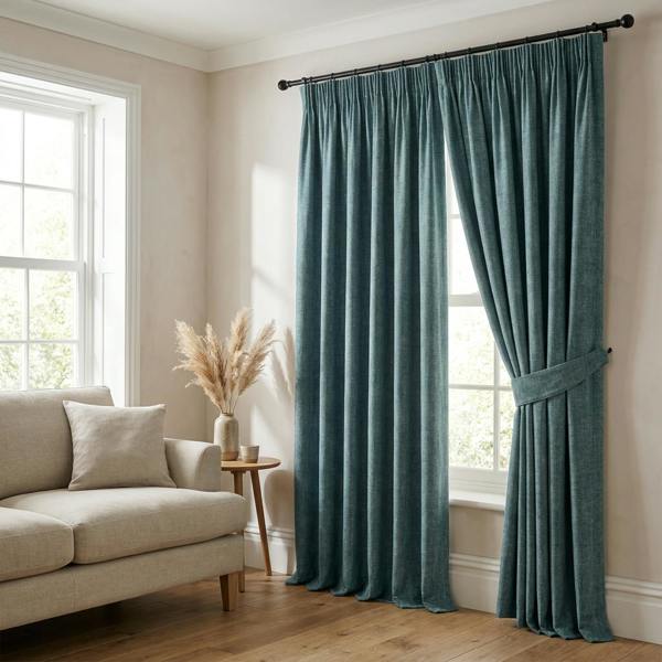 Braga made-to-measure curtains in Aqua, styled in a living room