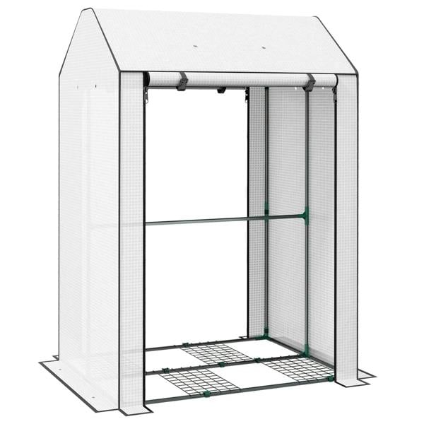 Mini greenhouse with 4 wire shelves, white cover, front roll-up door open
