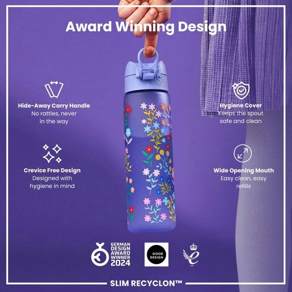 ION8 Leak Proof Slim Water Bottle, Recyclon, Ditsy Floral, 500ml (18oz)