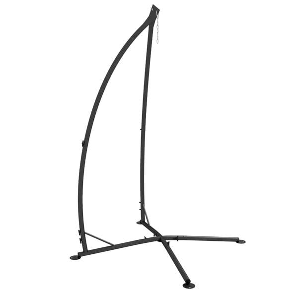 Black metal hammock chair stand with curved legs and hanging chain hooks
