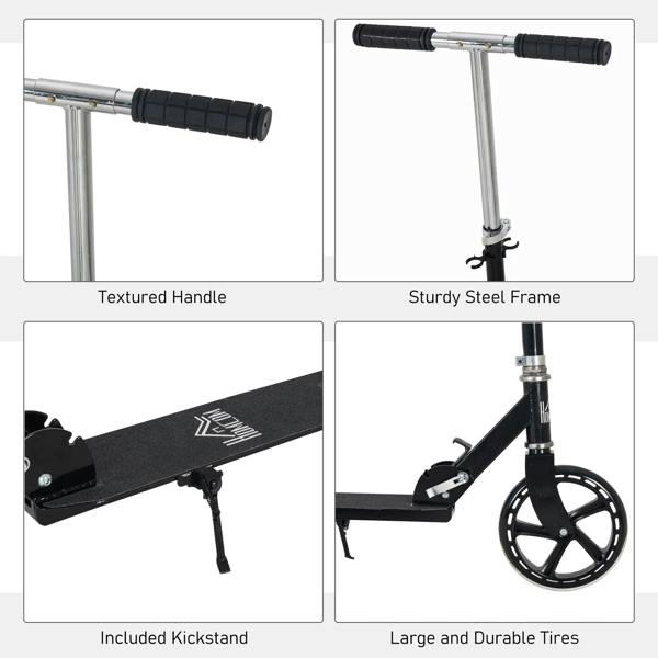 Black kids kick scooter with textured handlebar, steel frame, and included kickstand