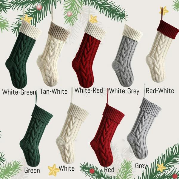 Grid display of nine personalised cable-knit Christmas stockings in various colourways including White-Green, Tan-White, White-Red, White-Grey, Red-White, Green, White, Red, and Grey