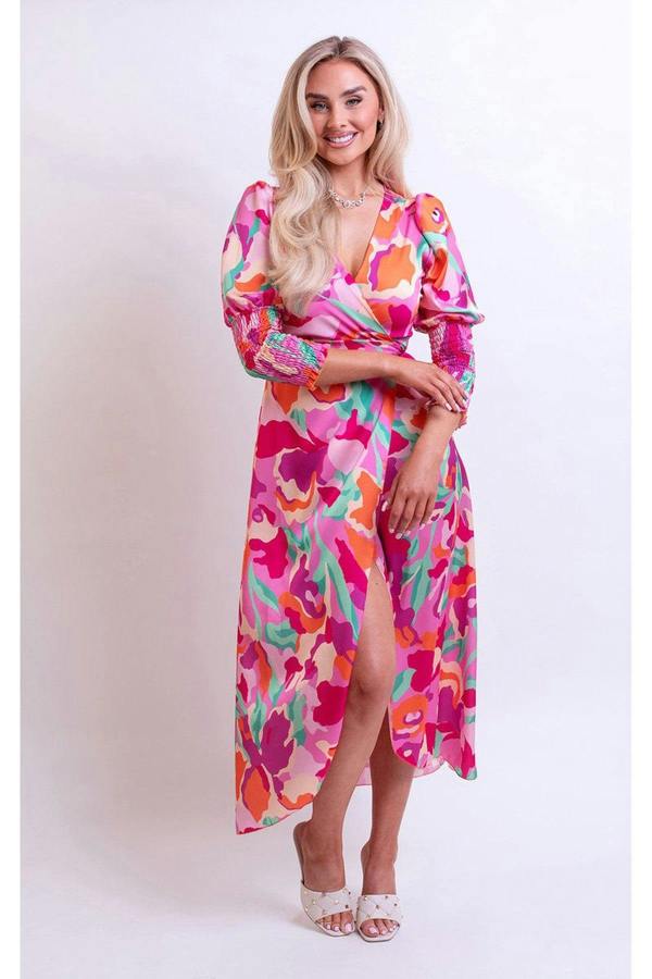 Haniya Wrap Front Printed Midi Dress - Pink