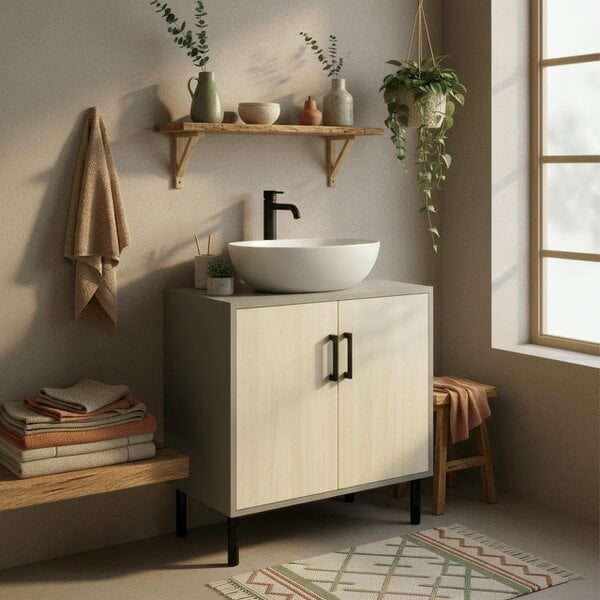 Wyld Haus Nabavi Natural Finish Under Sink Vanity Cabinet With Double Doors And Internal Shelving