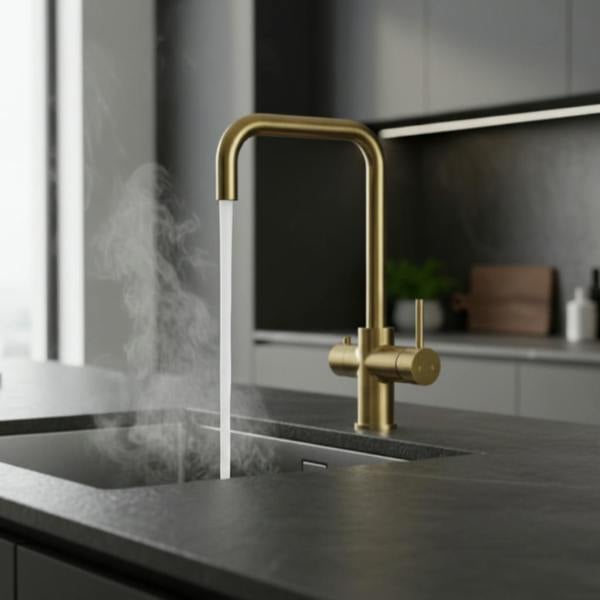 Modern kitchen sink with a brushed gold boiling water tap with flow of boiling water.