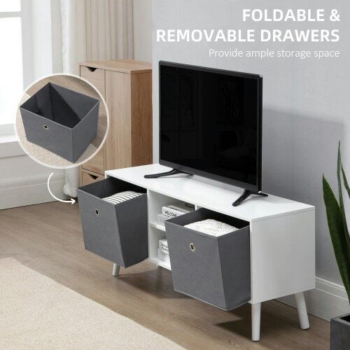 Wyld Haus Nirona 110cm Wooden White TV Storage Cabinet With Grey Fabric Fold Down Drawers For Screens Up To 50 Inches