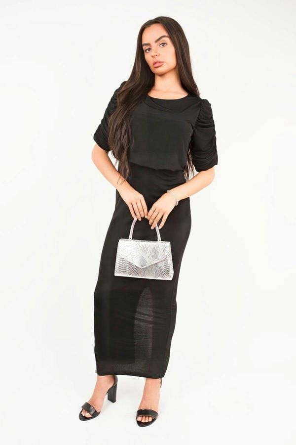 Elvira Ruched Short Sleeve Maxi Dress With Draped Bodice - Black