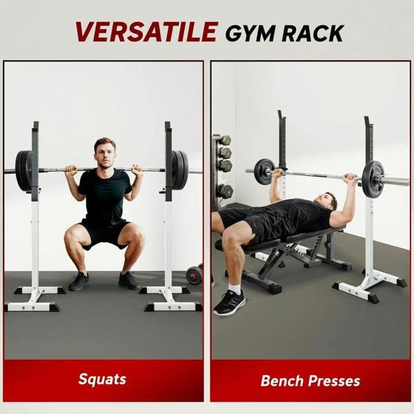 Black gym rack squat stand with spotter arms and two uprights for lifting