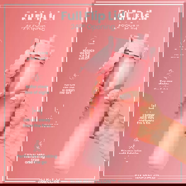 A pink water bottle, held by a hand, features a 240° opening flip lid. The bottle is shown against a pink background; text highlights the lid's design and functionality. SLIM RECYCLON™ is also visible.