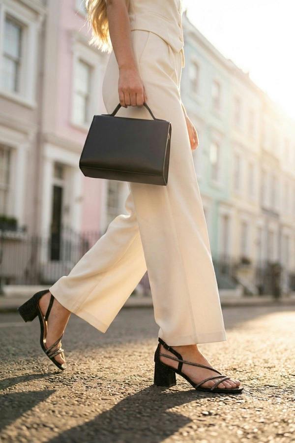 Saoirse Glitter Block Heel Strappy Sandals - Black