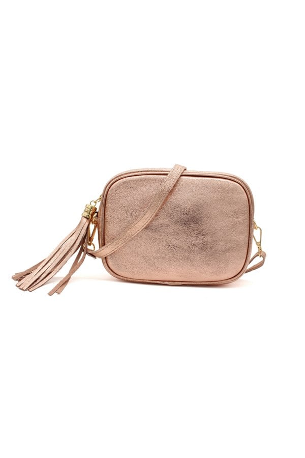 Pluspup Metallic Crossbody Bag with Zipper Closure and Tassel Detail