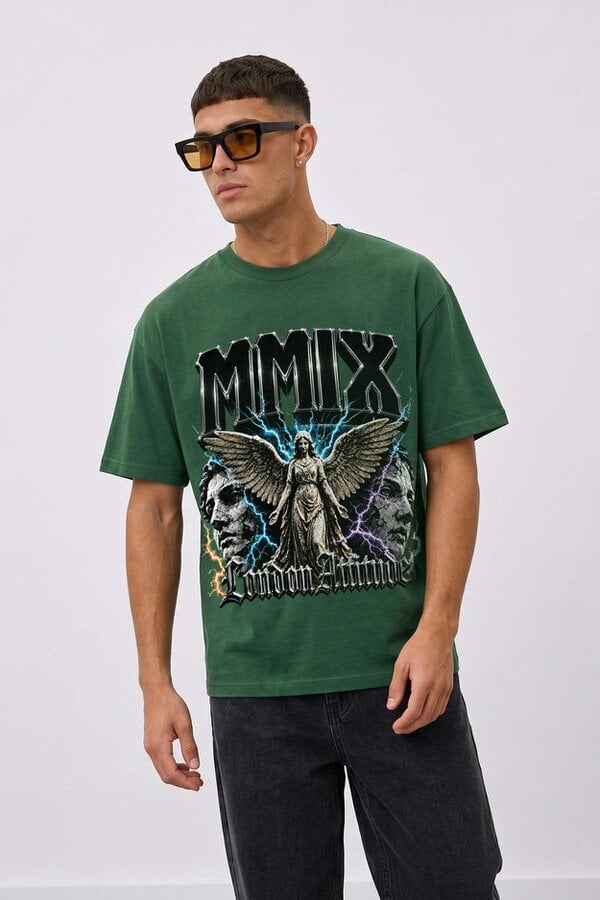 London Attitude Oversized Heavyweight Angel Graphic T-Shirt - Forest green
