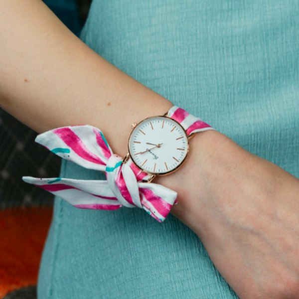 The Colourful Aura Blue Watermelon Print Cotton Tie Knot Strap Geneva Boho Wristwatch - Pink/Blue