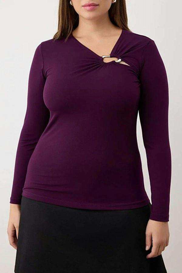 WOVCOR Asymmetrical Collar Accessory Detail Knitted Plus Size Blouse