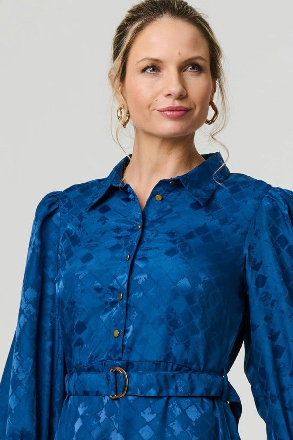 Blue | Metallic Puff Sleeve Maxi Shirt Dress
