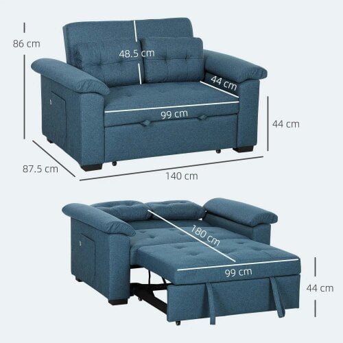 Bobobiy Pull Out Sofa Bed, Fabric 2 Seater Click Clack Sofa Bed Settee with 2 Pocket Springs, Blue