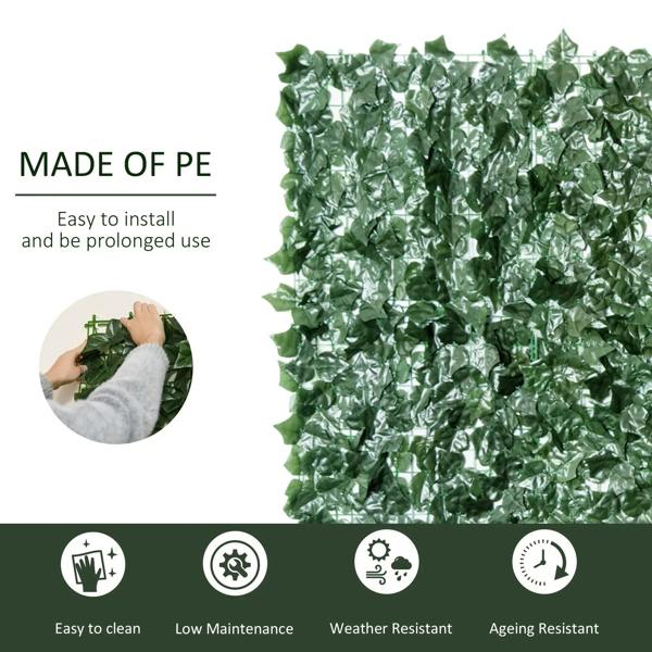 Dark green artificial leaf hedge privacy fence panel with shiny leaf-texture close-up