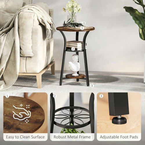 Wyld Haus Neri Rustic Brown Wooden Round Side Table With 3 Tier Storage Floral Design