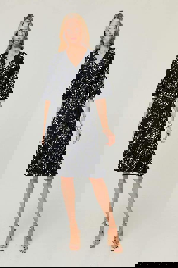 Navy | Printed Flare Sleeve Knee Length Dress