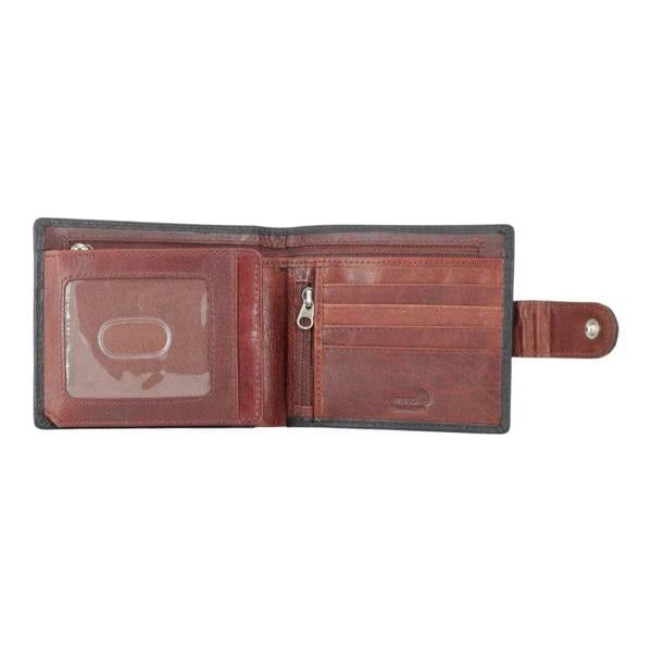 Open view of Black leather wallet with multiple compartments on a white background
