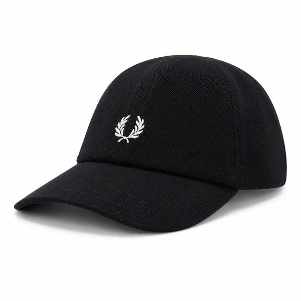 Fred Perry black piqué classic cap with white embroidered laurel wreath logo.