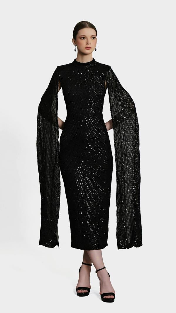 LuvForever Erinna - Black Cape Sleeve Sequin Midi Dress