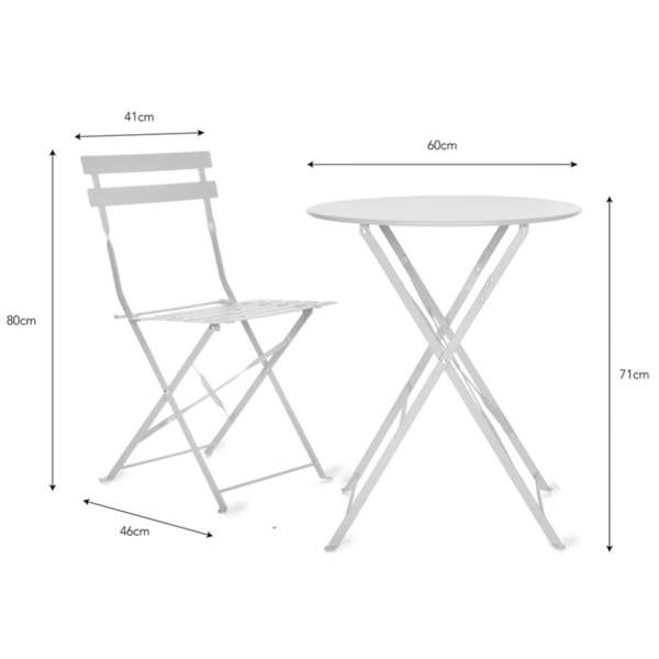 Chalk white metal folding bistro table and chair showing height and width dimensions in centimetres.