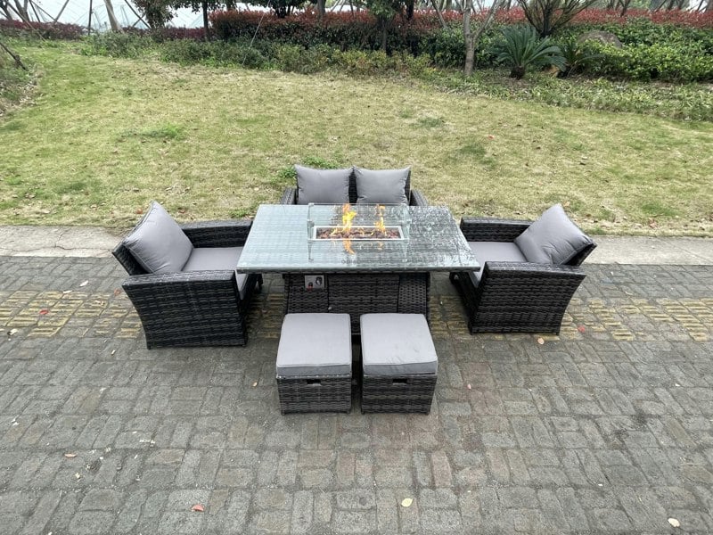 Fimous Rattan Outdoor Furniture Gas Fire Pit Rectangle Dining Table Gas Heater Chairs Two Seater Love Sofa Sets Footstools 6 Seater