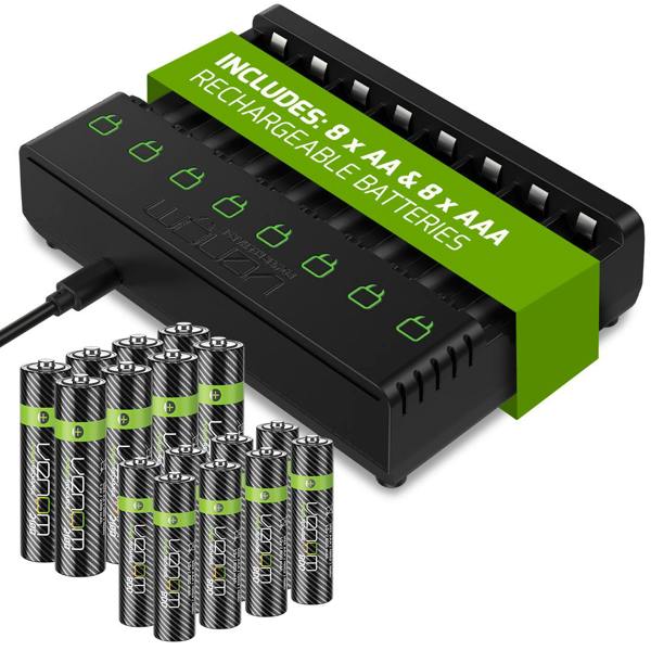 Venom Rechargeable Battery Charging Dock plus 8 x AA 2100mAh and 8 x AAA 800mAh Rechargeable Batteries