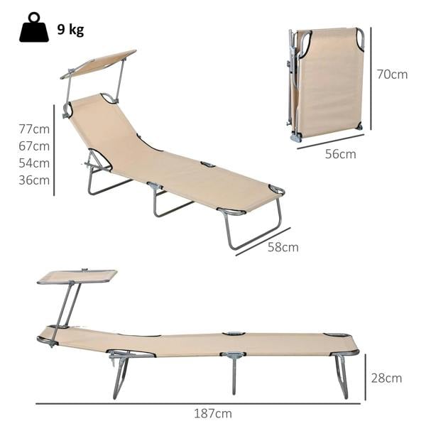 Beige adjustable sun lounger with 4-level backrest and gray foldable legs