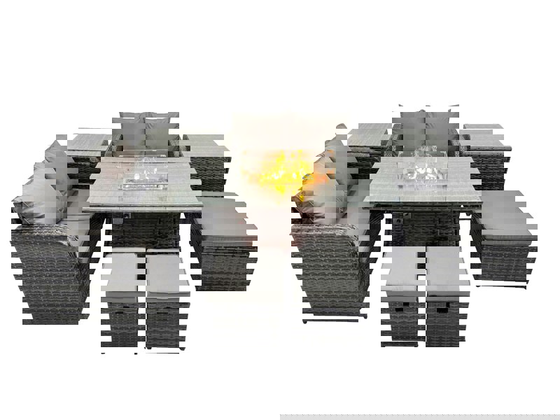 Fimous 7 seater Patio Gas Firpit Dining Table Sofa Sets Rattan Garden Furniture Dining Set with 3 Stools 2 Side Tables Dark Grey Mixed