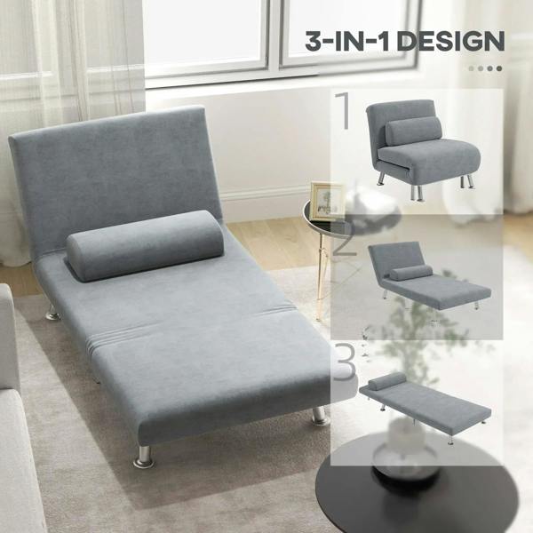 Grey single sleeper chair with backrest and extended daybed-like position