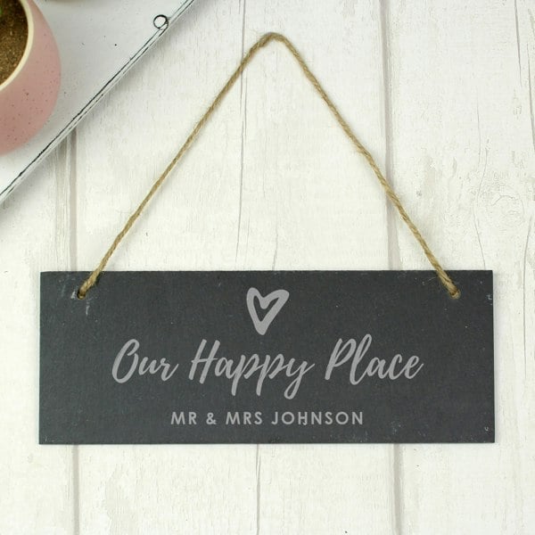 Personalised Memento Company Personalised Our Happy Place Hanging Slate Plaque