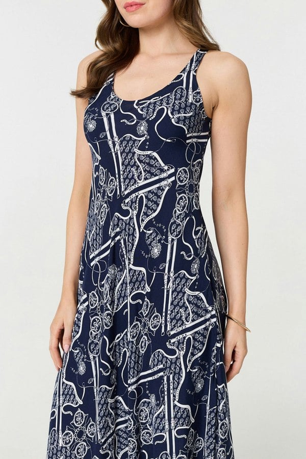 Navy | Abstract Sleeveless Swing Maxi Dress
