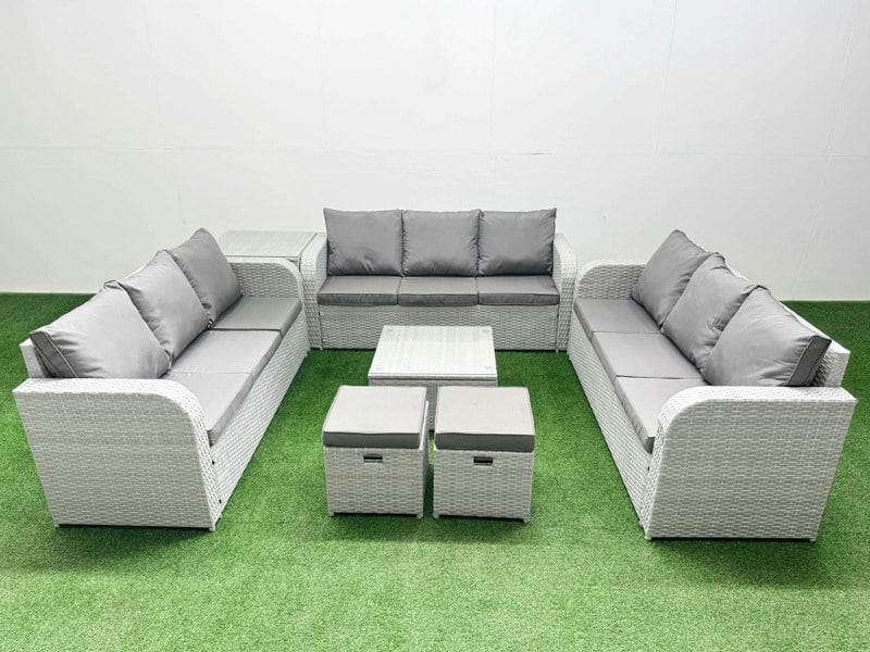 Fimous PE Rattan Lounge Sofa Set 11 Seater Outdoor Garden Furniture Set with Square Coffee Table 3 Seater Sofa 2 Stools Side Table Light Grey