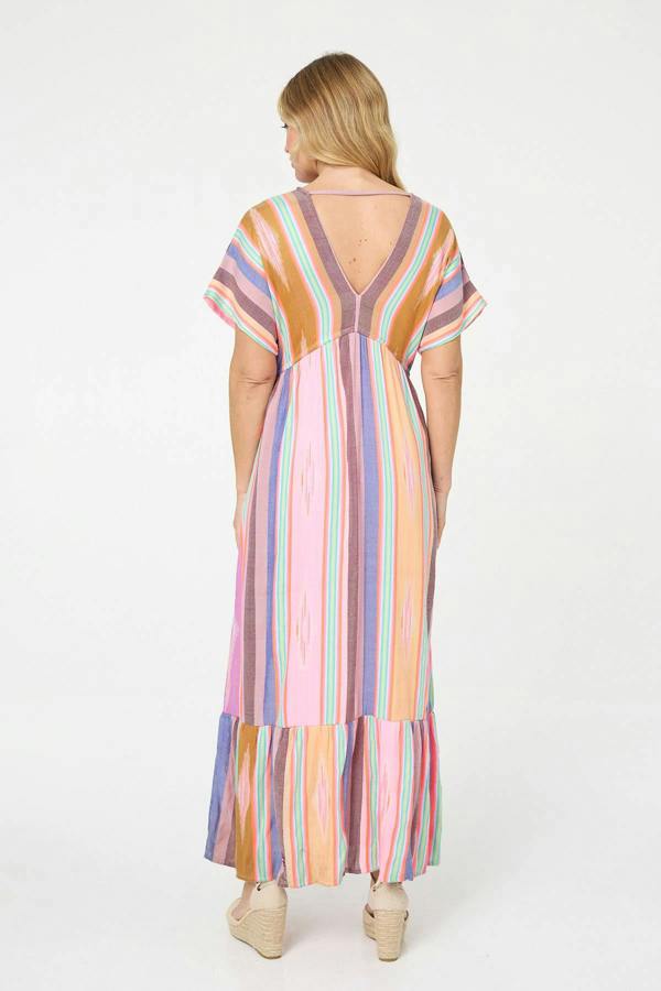 Pink | Striped 1/2 Sleeve Empire Maxi Dress