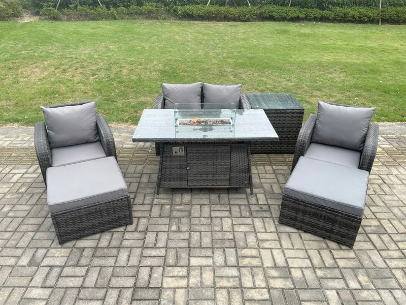 Fimous Rattan Garden Furniture Set Outdoor Patio Gas Fire Pit Dining Table and Chairs with Love seat Sofa 2 Footstools Side Table