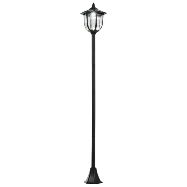Black solar post lantern light with clear glass panels and tall pole base