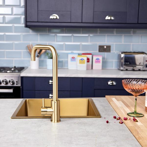 Flode Dellen | Single Lever Kitchen Sink Mixer Tap with Swivel Spout | Square Neck Design | Brushed Brass Finish